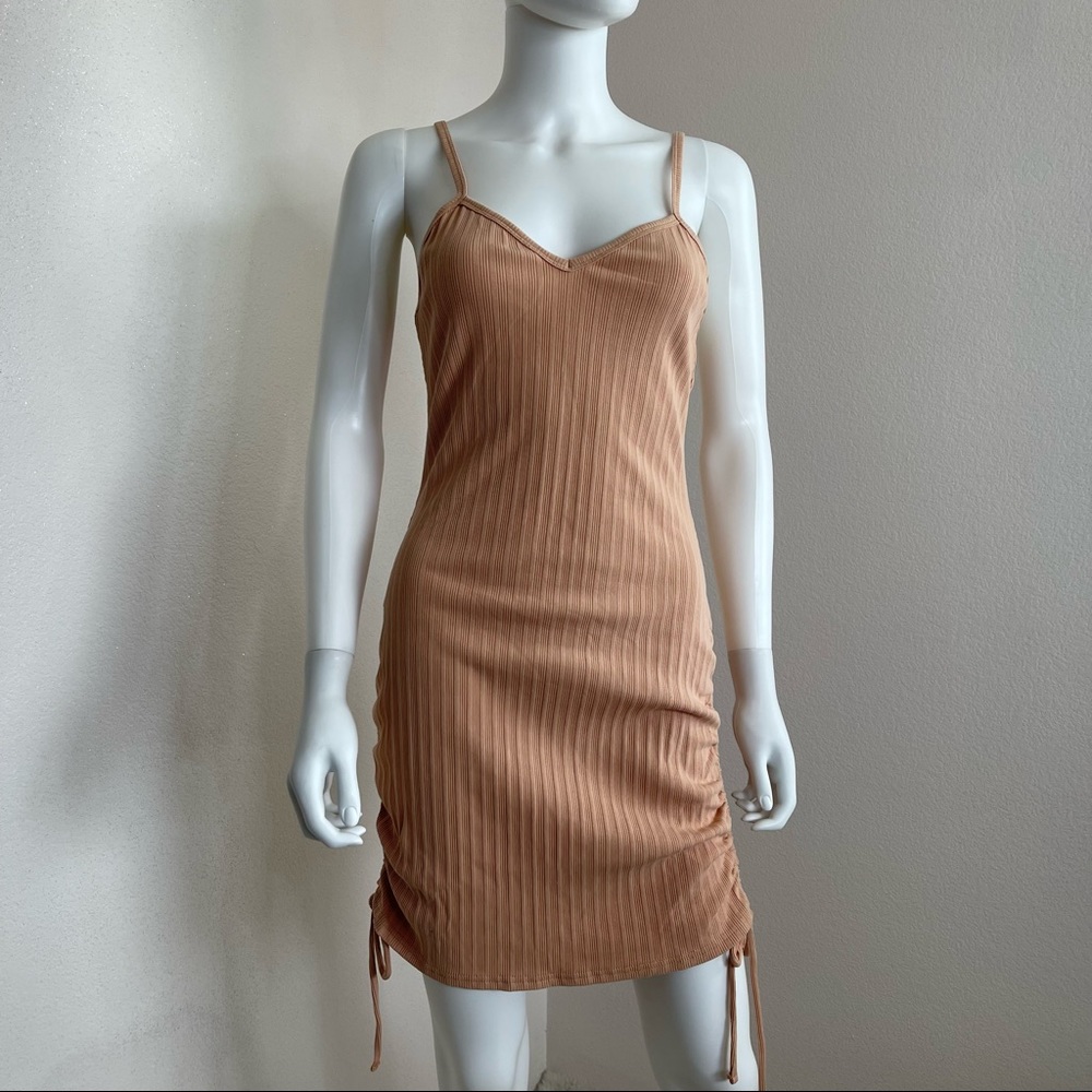 Ruched Spaghetti-Strap Slip Dress in Camel BB DAKOTA - KNIT THE BEACH DRESS